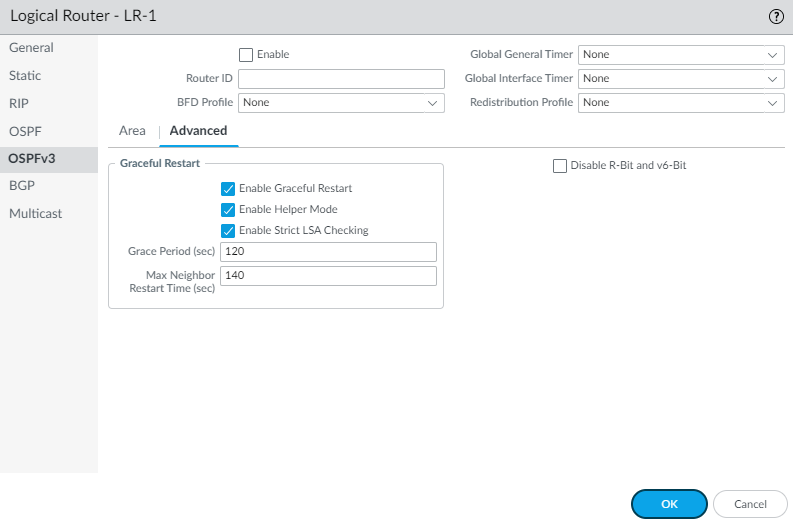 OSPFv3 Advanced configuration tab.
